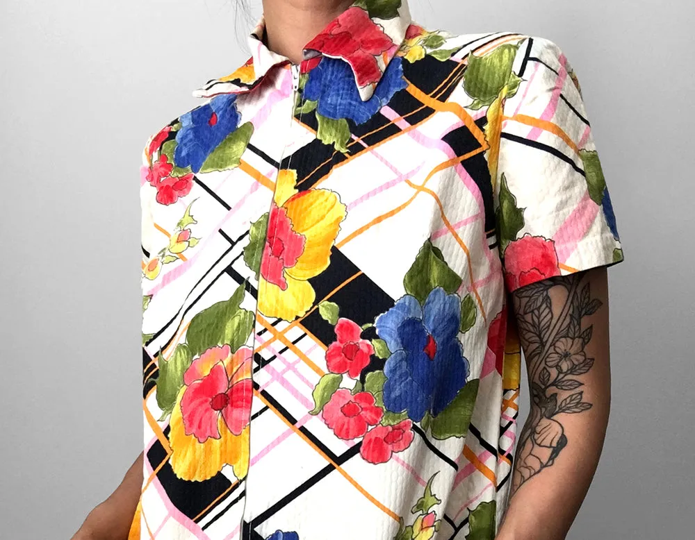1970s Floral Patterned Zip Front Short-Sleeve Dress
