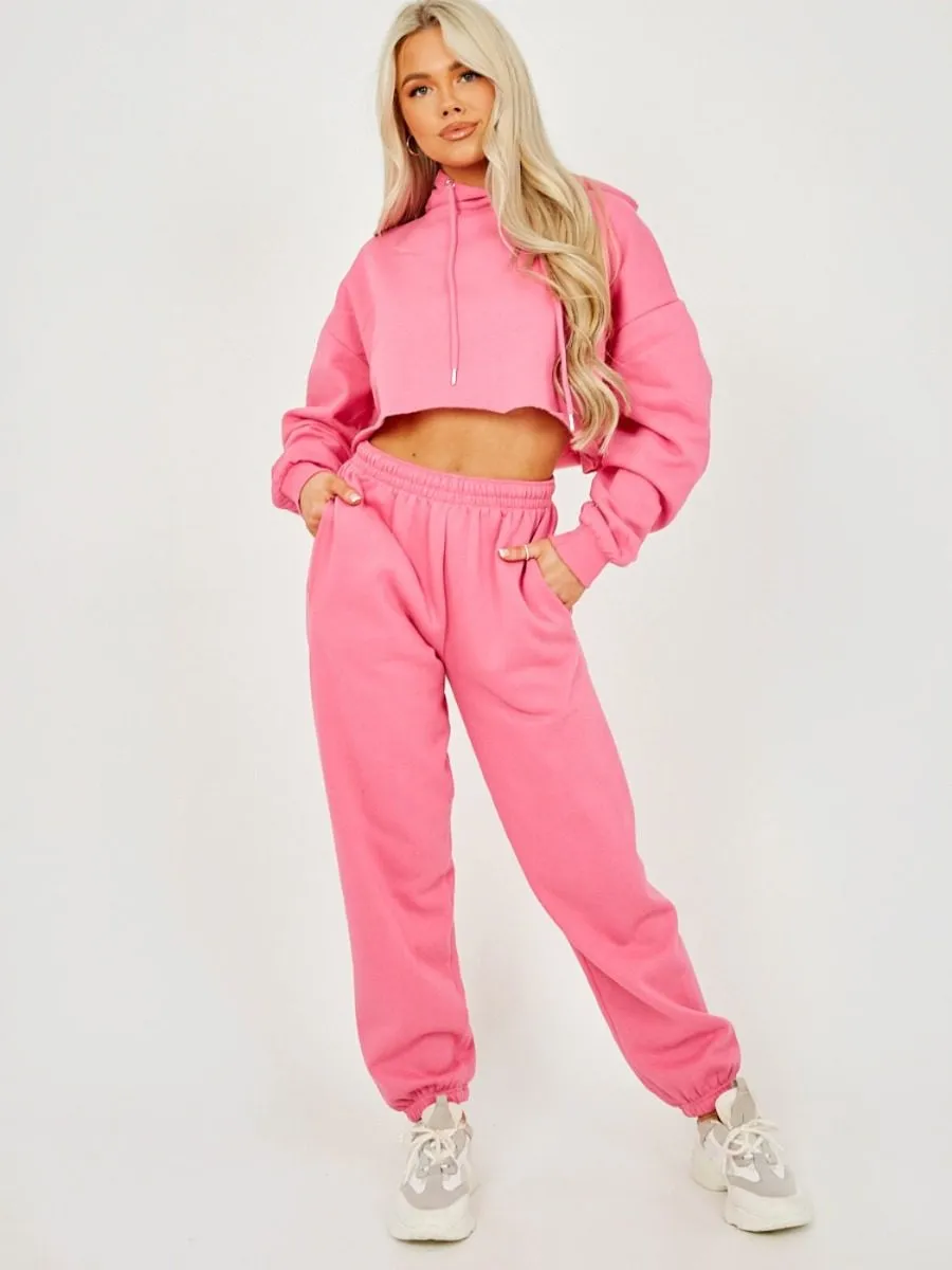 Abbi Raw Hem Cropped Hoodie & Jogger Fleece Co-ord In Fuchsia