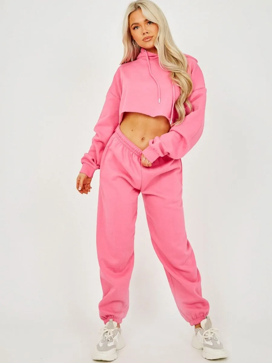 Abbi Raw Hem Cropped Hoodie & Jogger Fleece Co-ord In Fuchsia