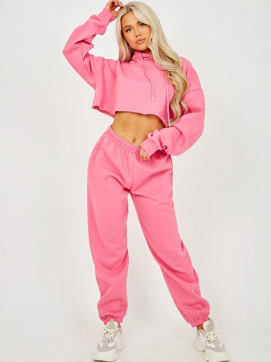 Abbi Raw Hem Cropped Hoodie & Jogger Fleece Co-ord In Fuchsia