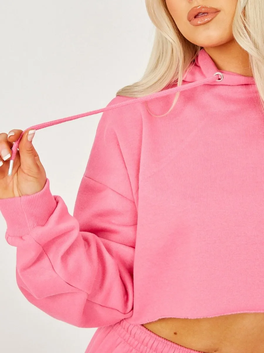 Abbi Raw Hem Cropped Hoodie & Jogger Fleece Co-ord In Fuchsia