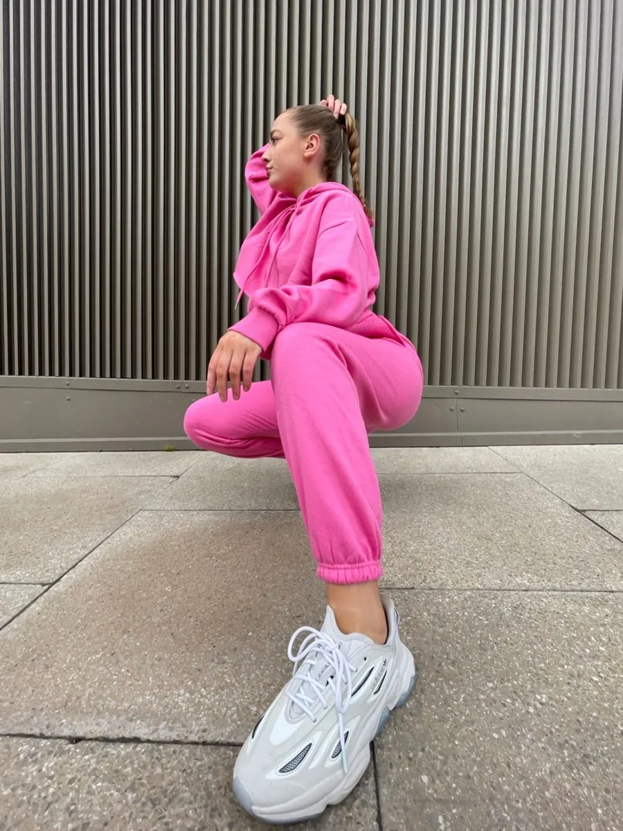 Abbi Raw Hem Cropped Hoodie & Jogger Fleece Co-ord In Fuchsia