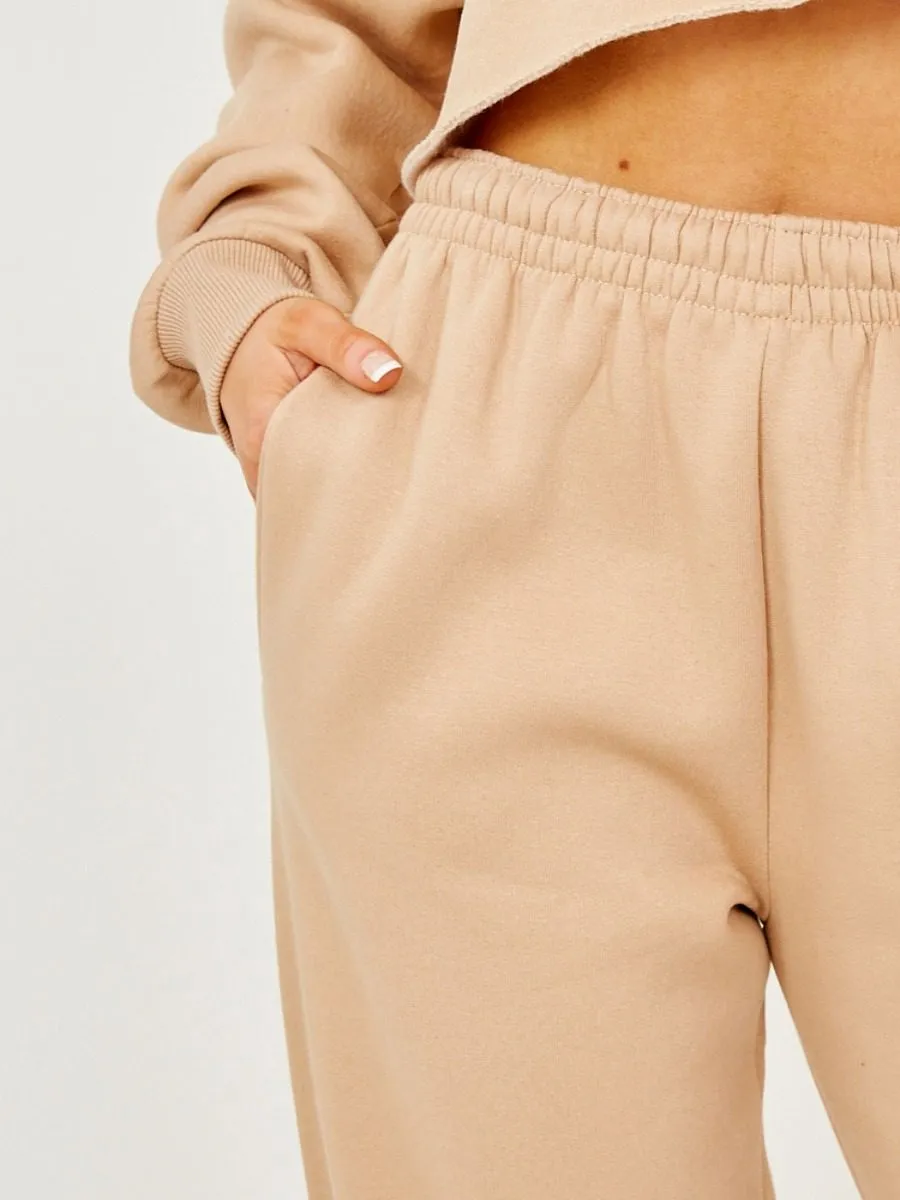 Abbi Raw Hem Cropped Hoodie & Jogger Fleece Co-ord In Stone