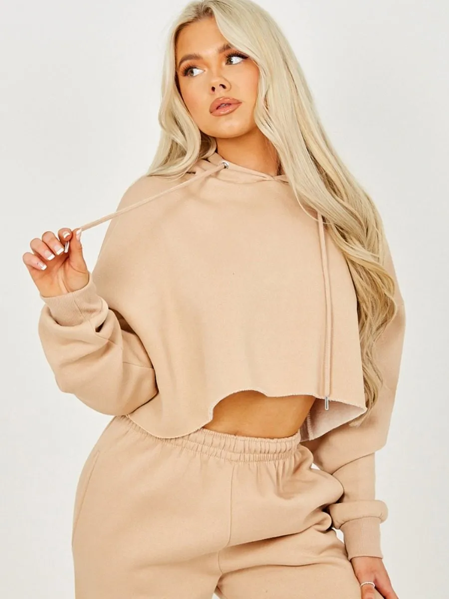 Abbi Raw Hem Cropped Hoodie & Jogger Fleece Co-ord In Stone