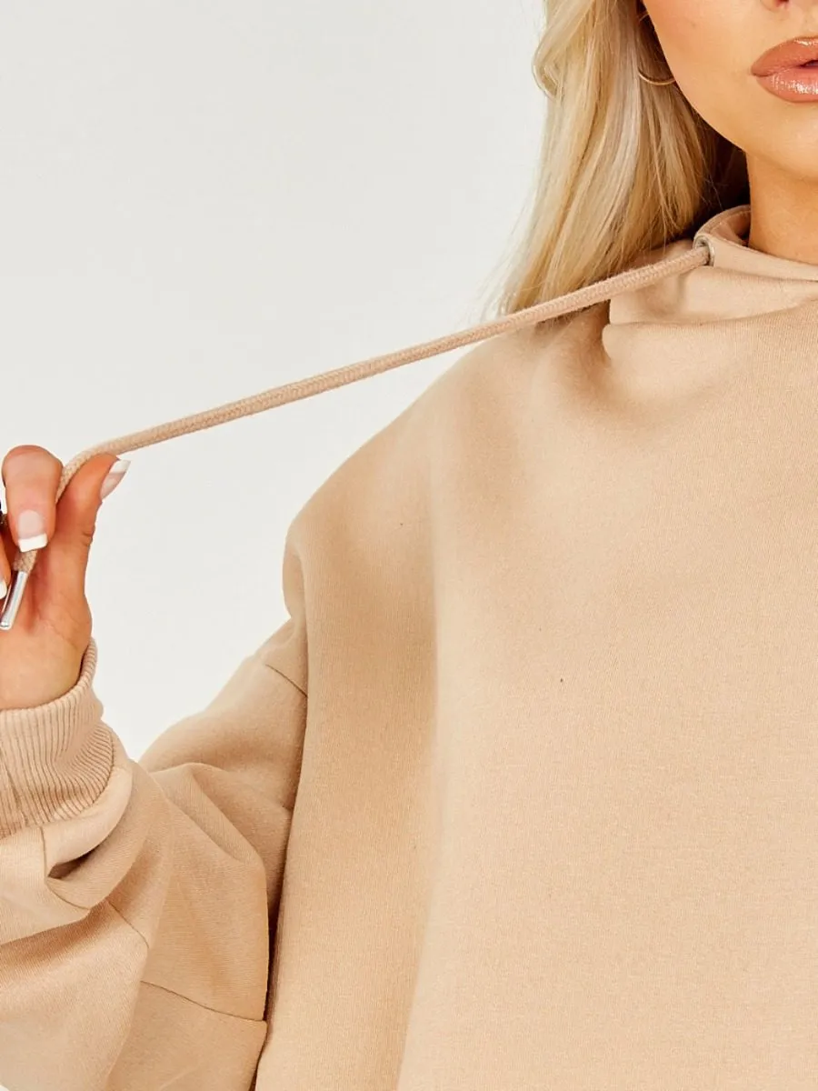Abbi Raw Hem Cropped Hoodie & Jogger Fleece Co-ord In Stone