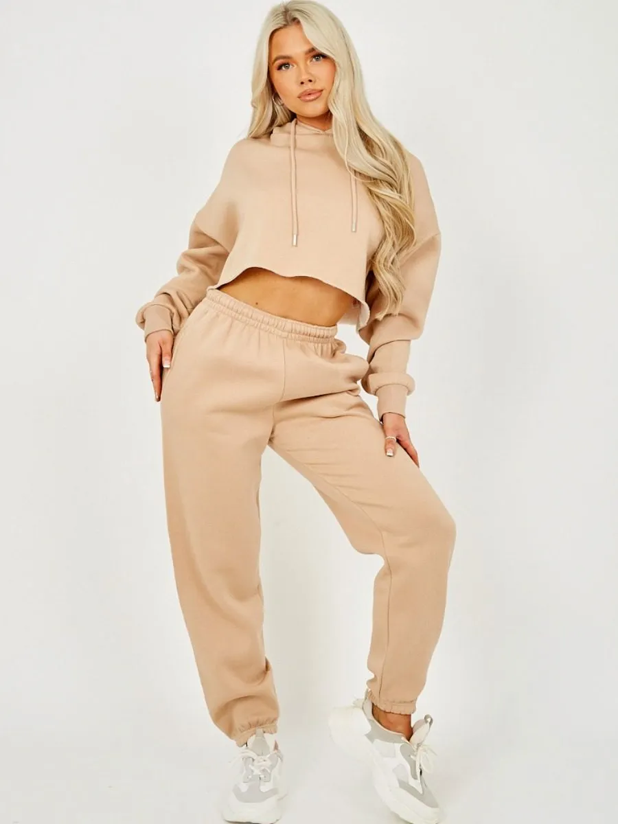 Abbi Raw Hem Cropped Hoodie & Jogger Fleece Co-ord In Stone
