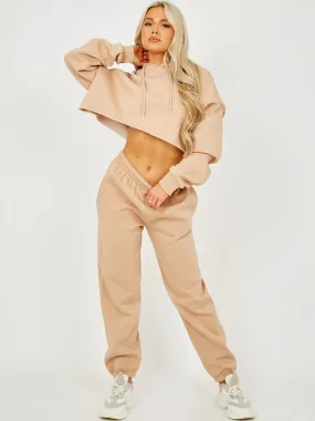 Abbi Raw Hem Cropped Hoodie & Jogger Fleece Co-ord In Stone