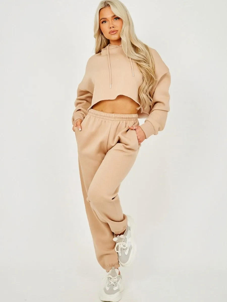Abbi Raw Hem Cropped Hoodie & Jogger Fleece Co-ord In Stone