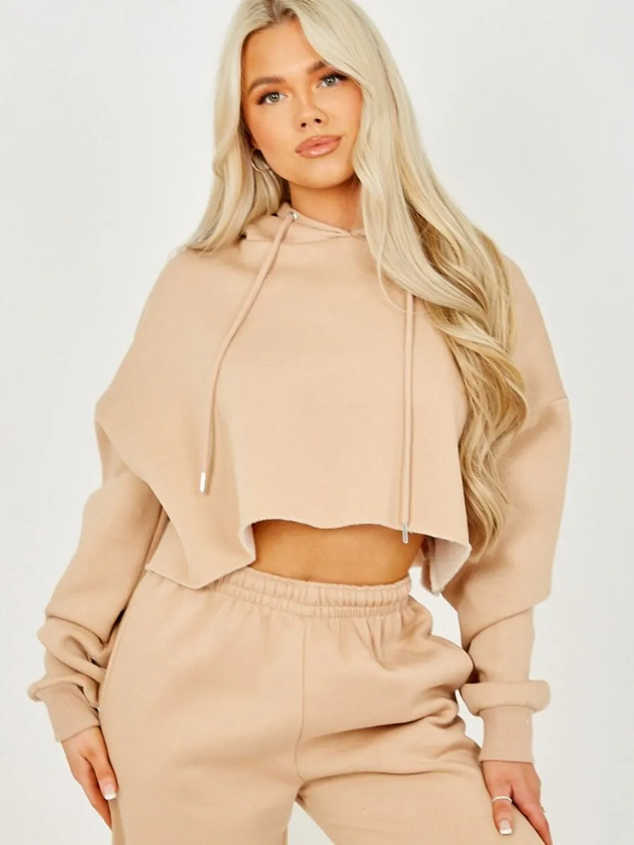 Abbi Raw Hem Cropped Hoodie & Jogger Fleece Co-ord In Stone