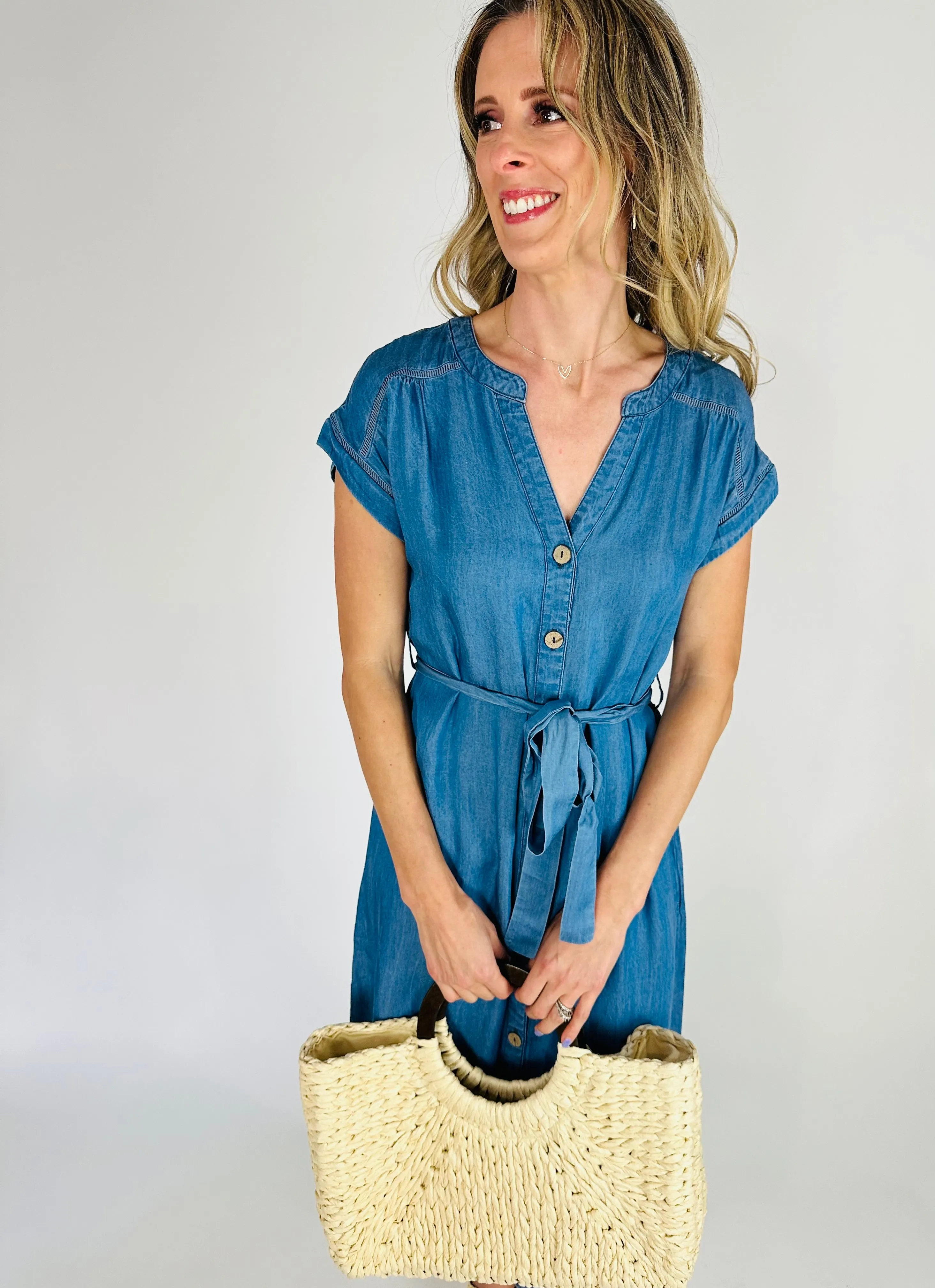 Abby | Chambray Button Front Midi Dress