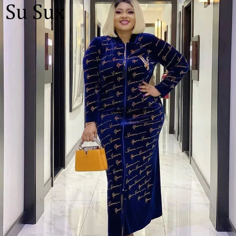 African Velvet Maxi Dress: Letter Robe Style with Sequins, O-Neck and Short Sleeves