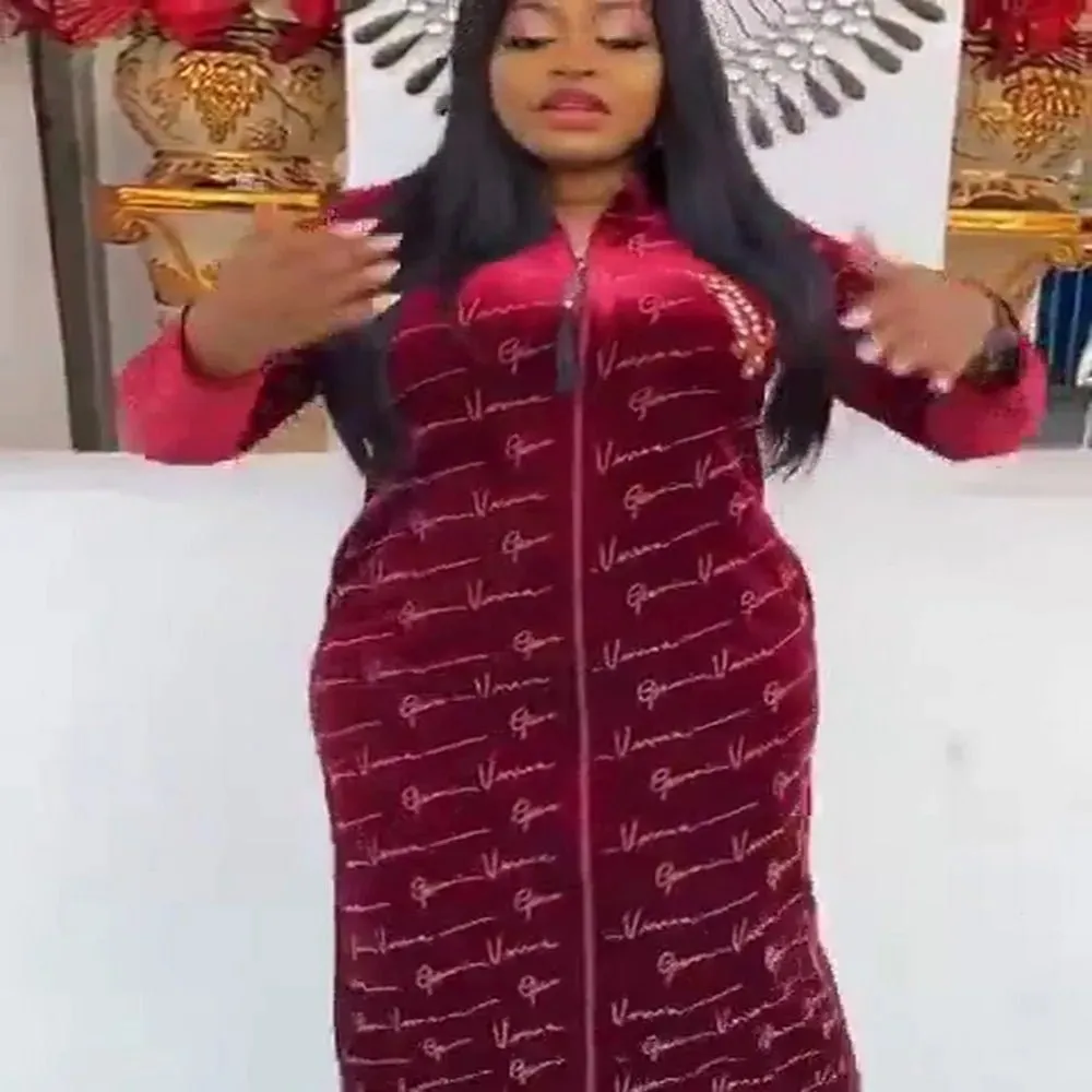 African Velvet Maxi Dress: Letter Robe Style with Sequins, O-Neck and Short Sleeves