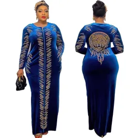 African Velvet Maxi Dress: Letter Robe Style with Sequins, O-Neck and Short Sleeves