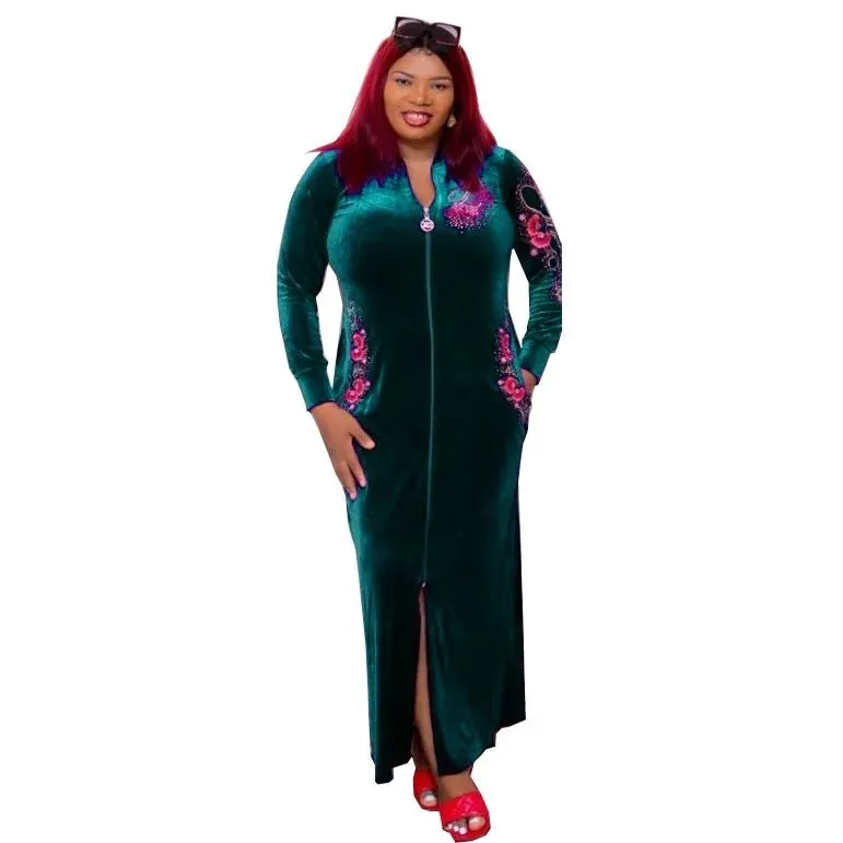 African Velvet Maxi Dress: Letter Robe Style with Sequins, O-Neck and Short Sleeves