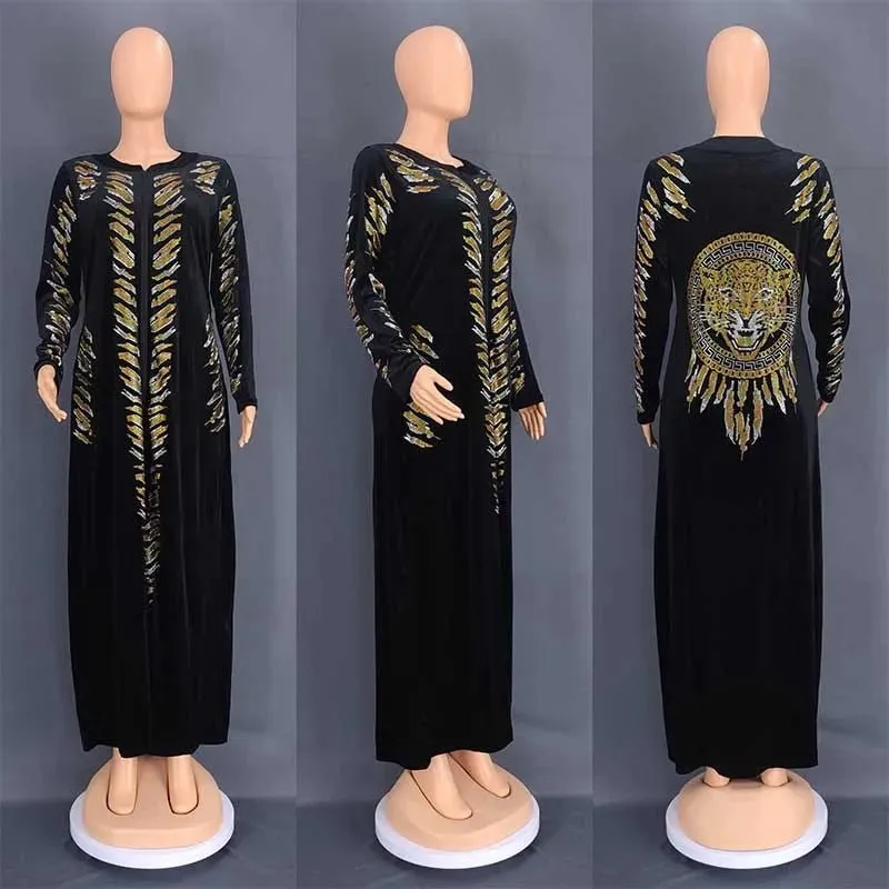 African Velvet Maxi Dress: Letter Robe Style with Sequins, O-Neck and Short Sleeves