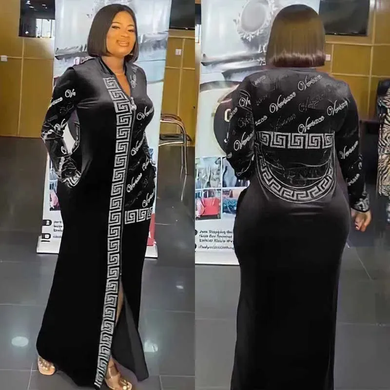 African Velvet Maxi Dress: Letter Robe Style with Sequins, O-Neck and Short Sleeves