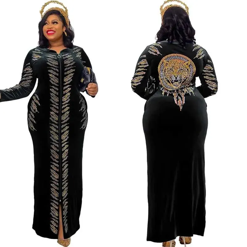 African Velvet Maxi Dress: Letter Robe Style with Sequins, O-Neck and Short Sleeves