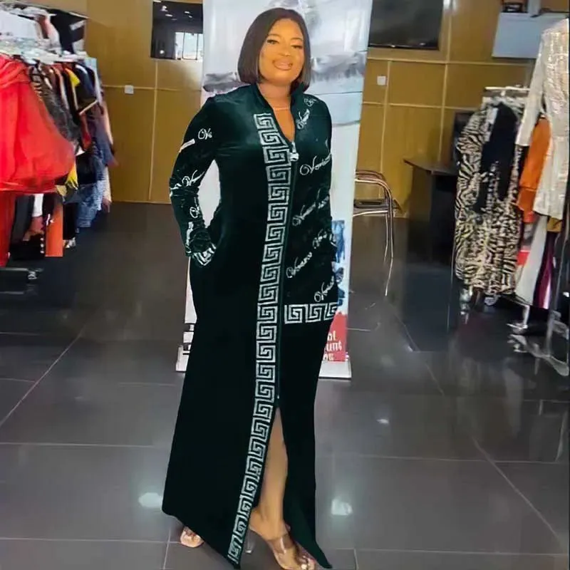 African Velvet Maxi Dress: Letter Robe Style with Sequins, O-Neck and Short Sleeves