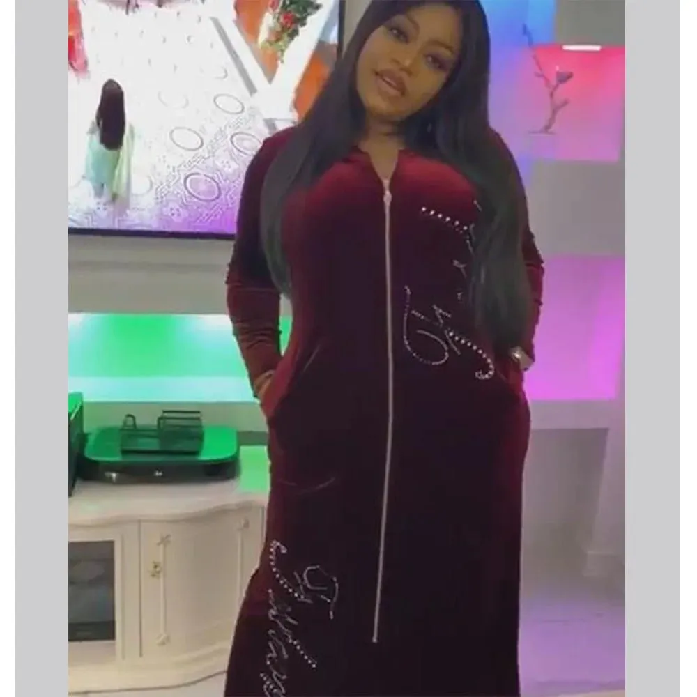 African Velvet Maxi Dress: Letter Robe Style with Sequins, O-Neck and Short Sleeves