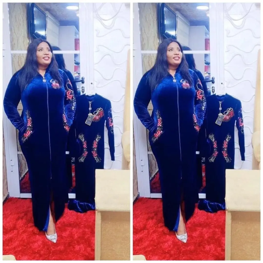 African Velvet Maxi Dress: Letter Robe Style with Sequins, O-Neck and Short Sleeves