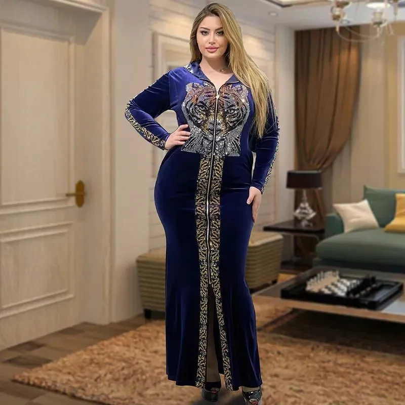 African Velvet Maxi Dress: Letter Robe Style with Sequins, O-Neck and Short Sleeves