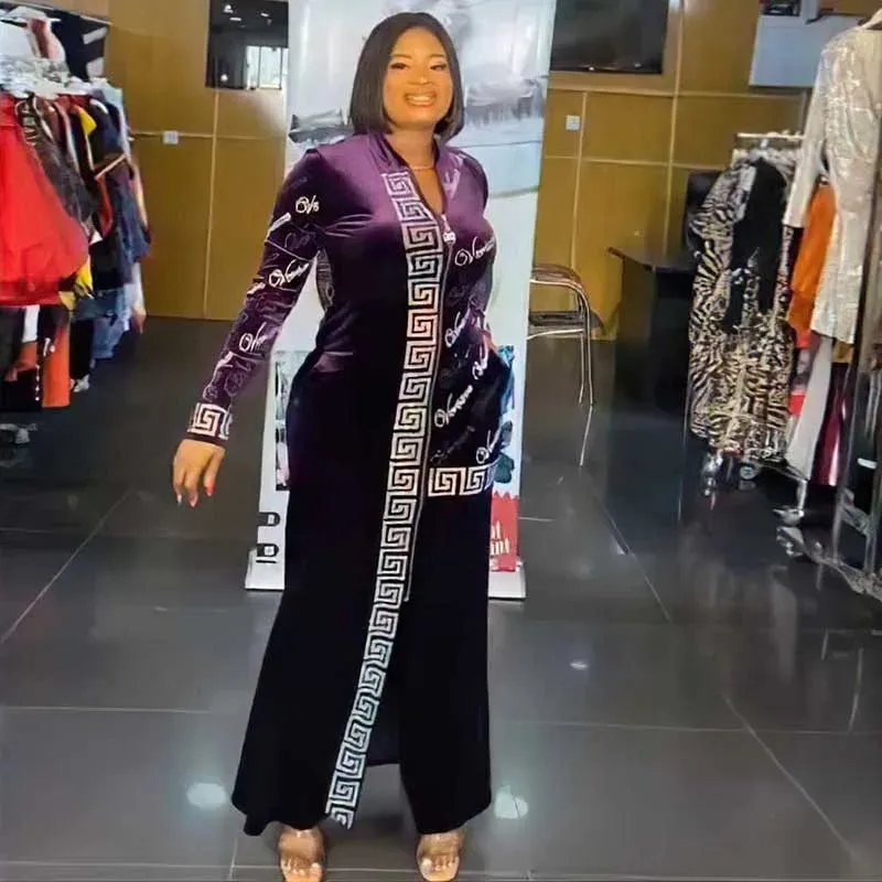 African Velvet Maxi Dress: Letter Robe Style with Sequins, O-Neck and Short Sleeves