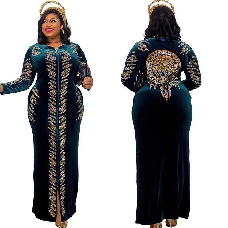 African Velvet Maxi Dress: Letter Robe Style with Sequins, O-Neck and Short Sleeves