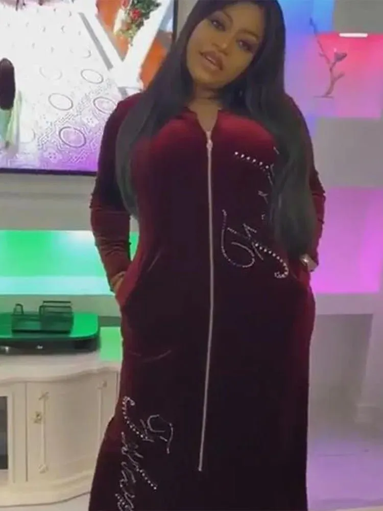 African Velvet Maxi Dress: Letter Robe Style with Sequins, O-Neck and Short Sleeves