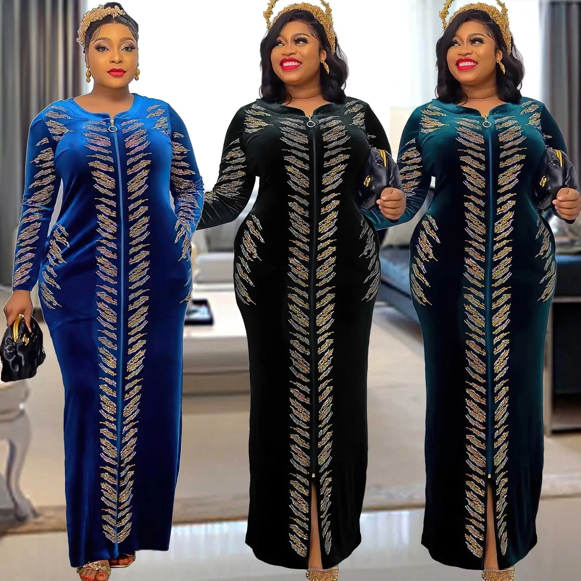 African Velvet Maxi Dress: Letter Robe Style with Sequins, O-Neck and Short Sleeves