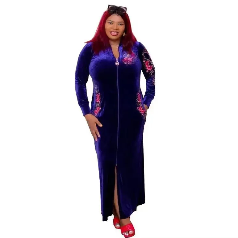 African Velvet Maxi Dress: Letter Robe Style with Sequins, O-Neck and Short Sleeves
