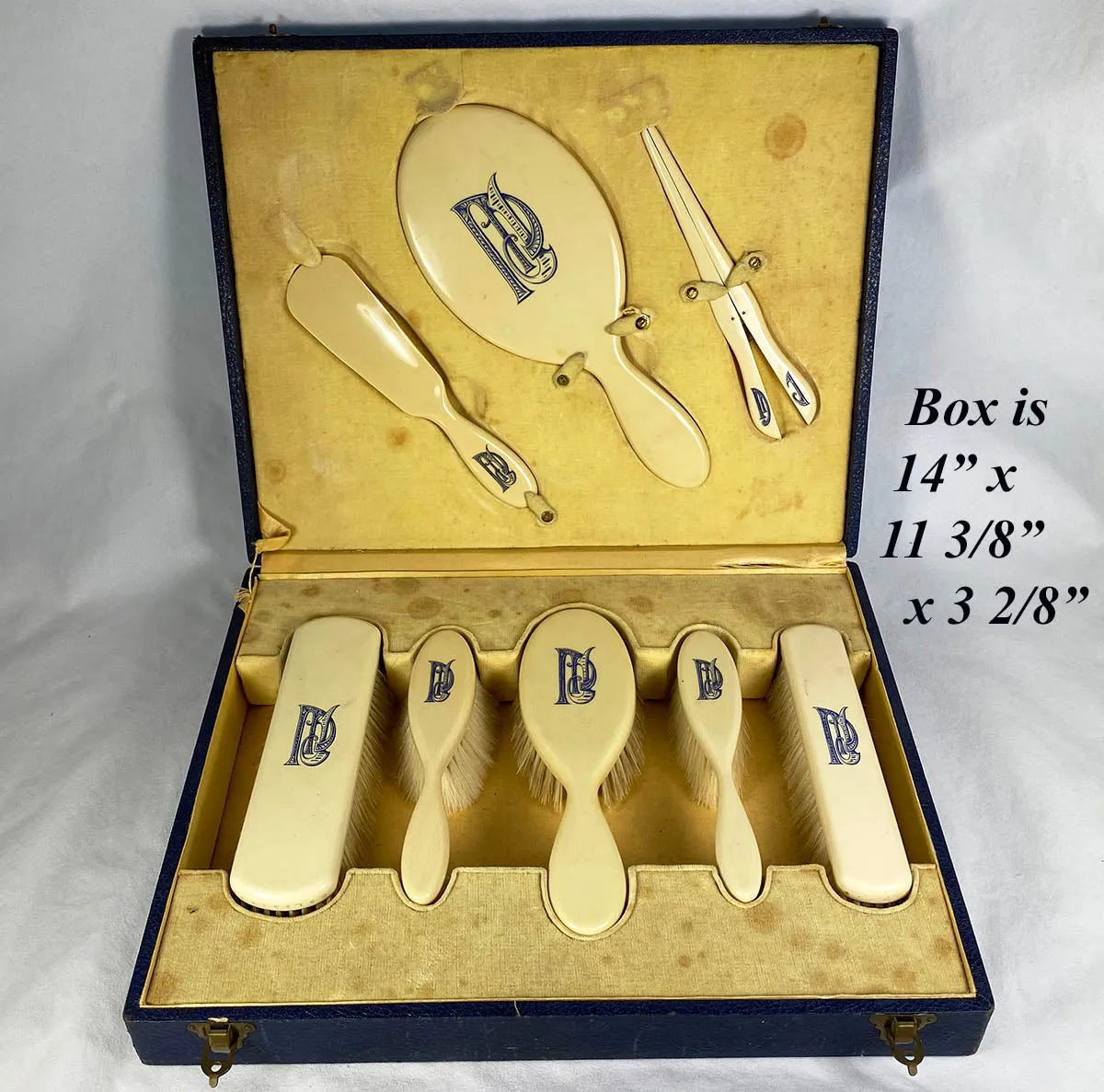 Antique Faux Ivory Vanity Set, French Ivory, 8 Pieces in Original Presentation Box, Art Deco, Edwardian