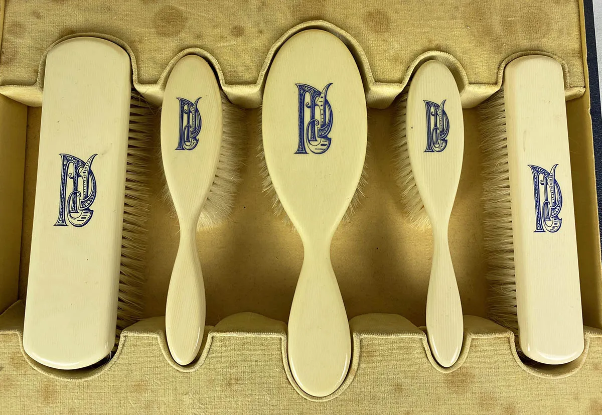Antique Faux Ivory Vanity Set, French Ivory, 8 Pieces in Original Presentation Box, Art Deco, Edwardian