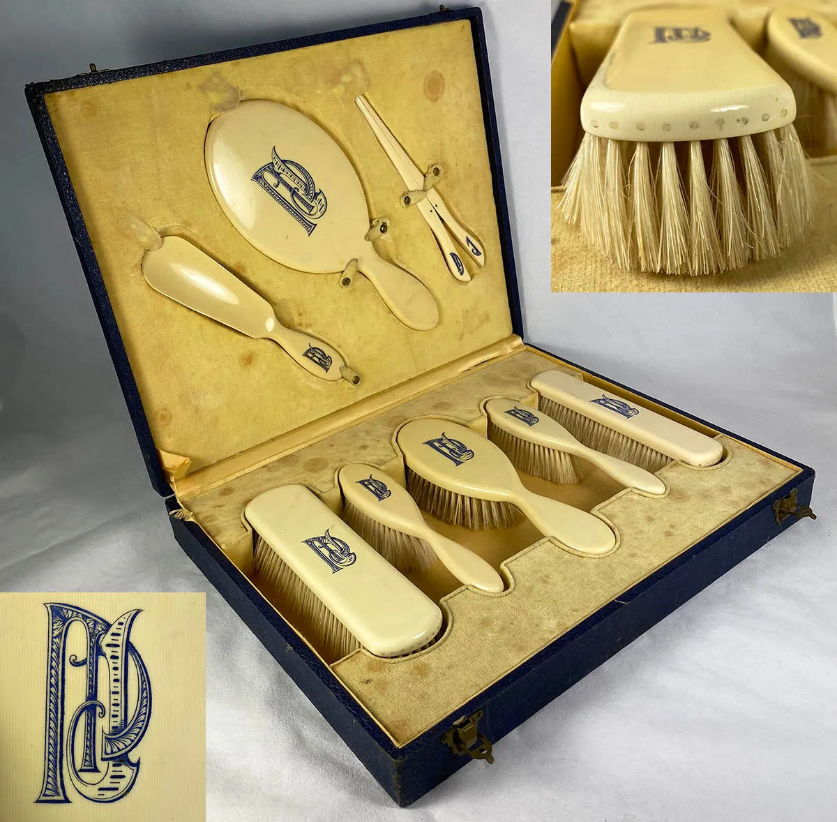 Antique Faux Ivory Vanity Set, French Ivory, 8 Pieces in Original Presentation Box, Art Deco, Edwardian