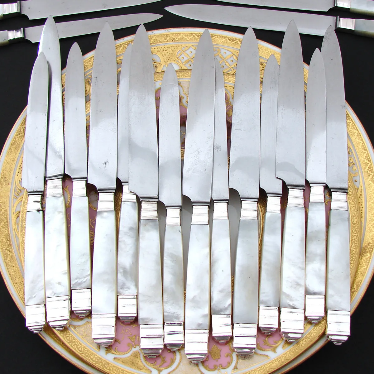 Antique French 22pc .800 (nearly sterling) Silver & Mother of Pearl Dinner Knife Set