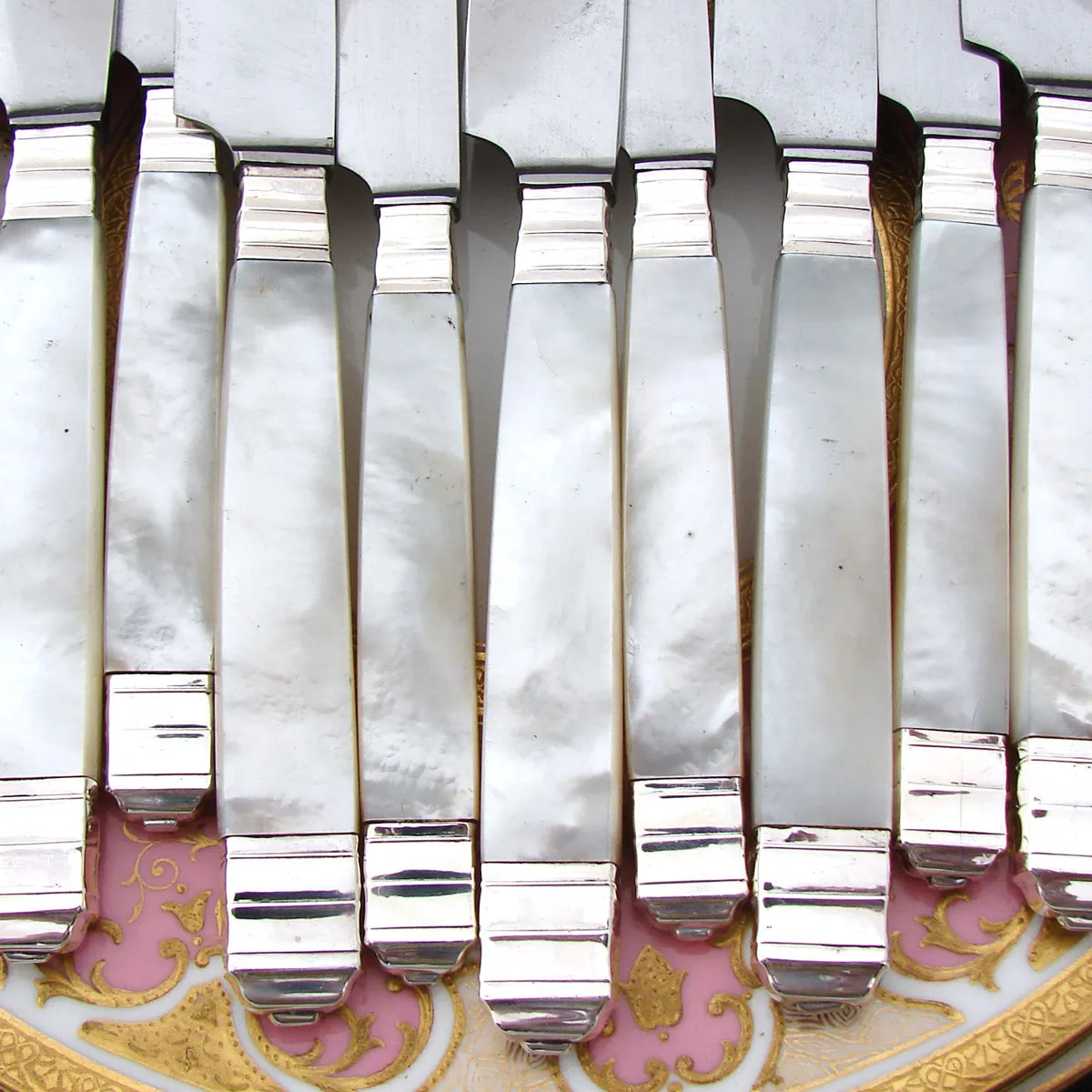 Antique French 22pc .800 (nearly sterling) Silver & Mother of Pearl Dinner Knife Set