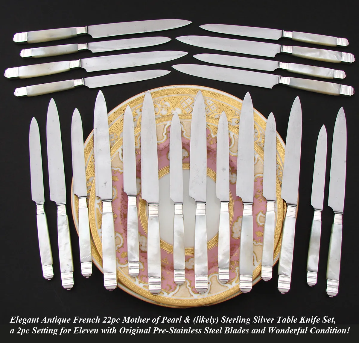 Antique French 22pc .800 (nearly sterling) Silver & Mother of Pearl Dinner Knife Set
