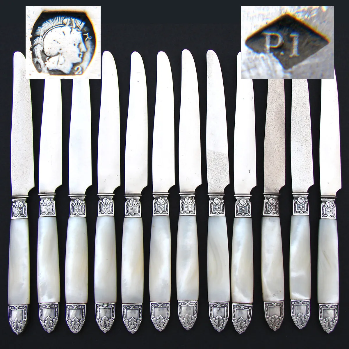 Antique French Hallmarked Silver & Mother of Pearl 12pc Knife Set, Classical Acanthus
