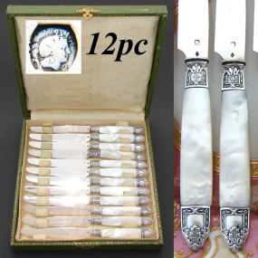 Antique French Hallmarked Silver & Mother of Pearl 12pc Knife Set, Classical Acanthus