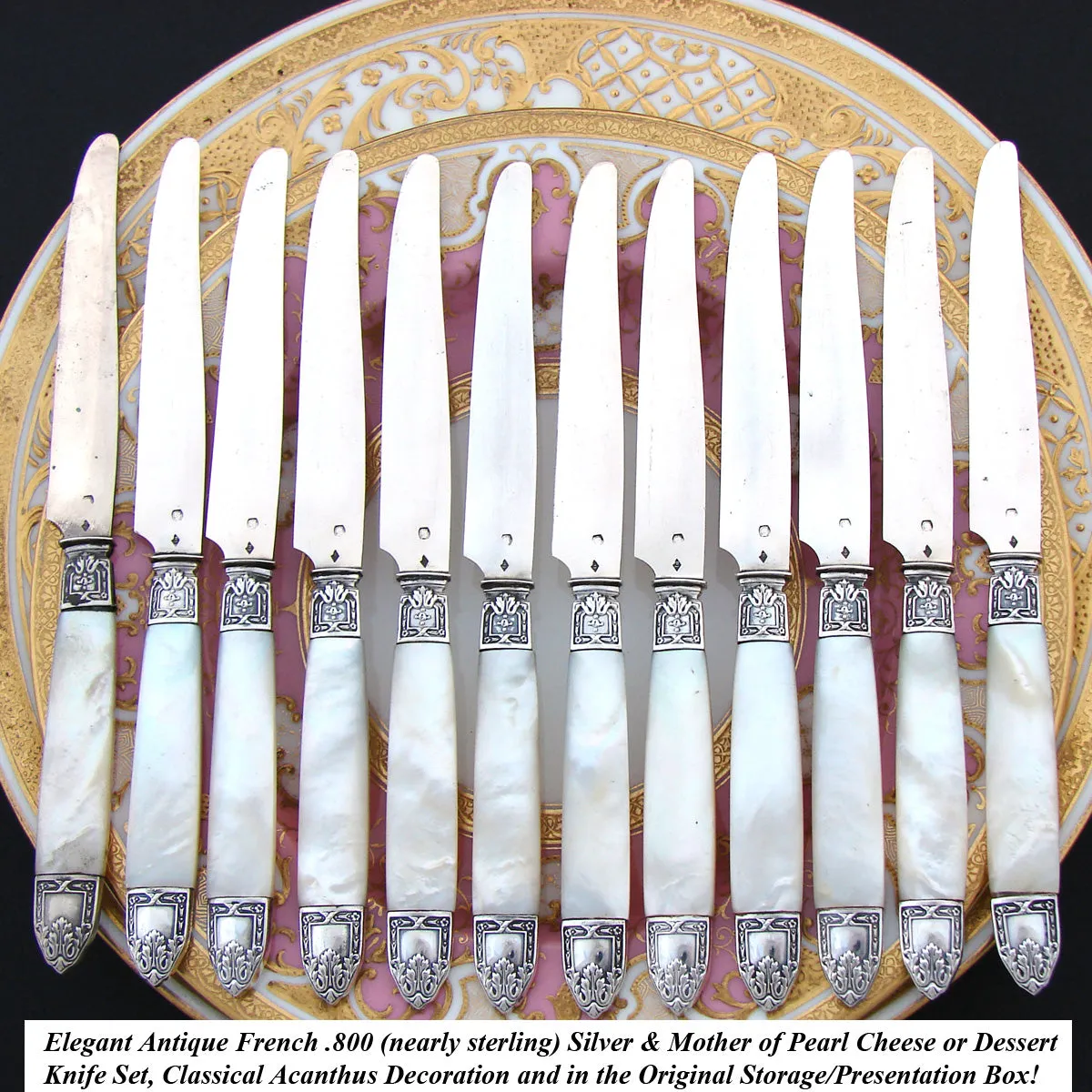 Antique French Hallmarked Silver & Mother of Pearl 12pc Knife Set, Classical Acanthus