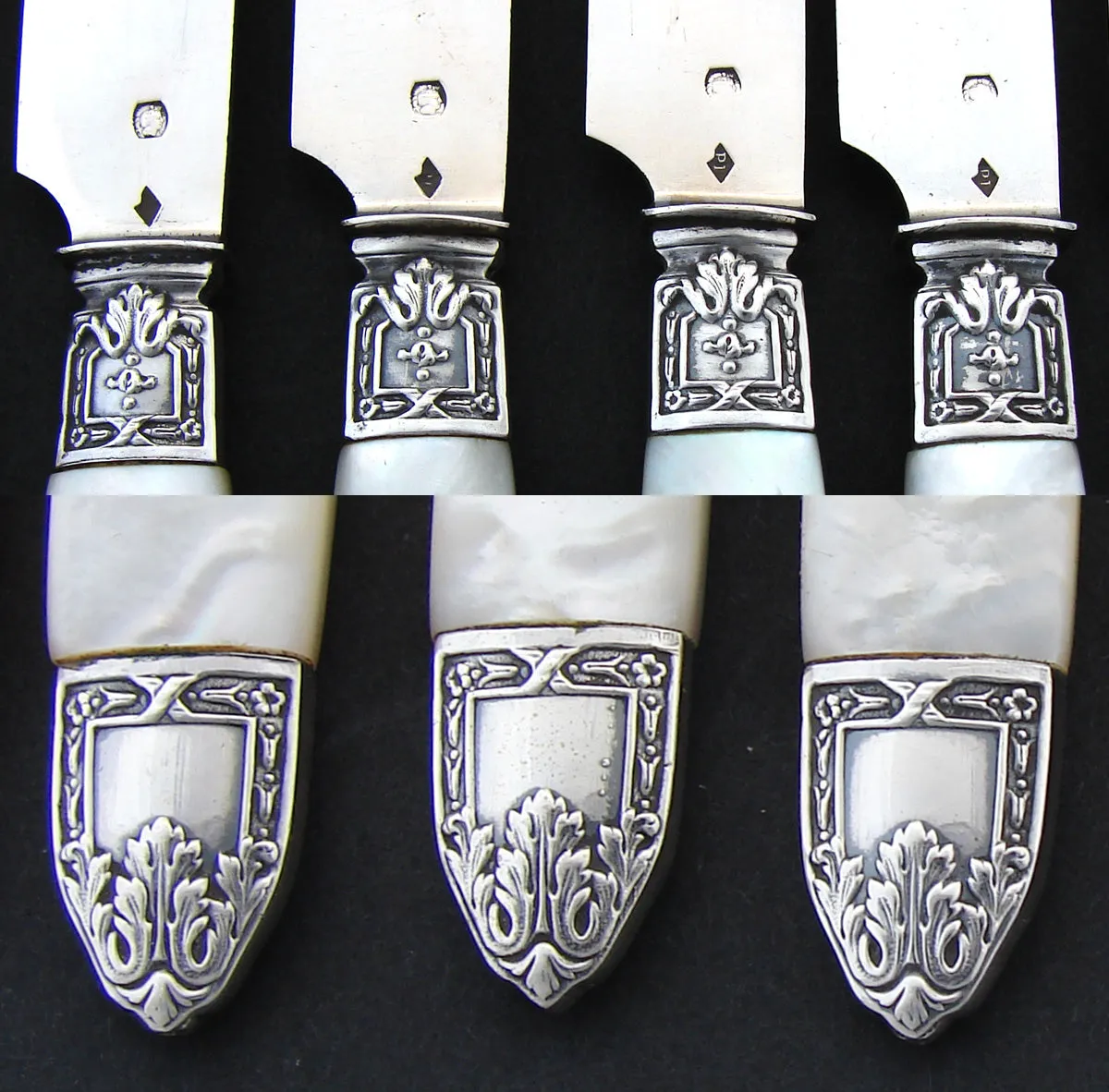 Antique French Hallmarked Silver & Mother of Pearl 12pc Knife Set, Classical Acanthus
