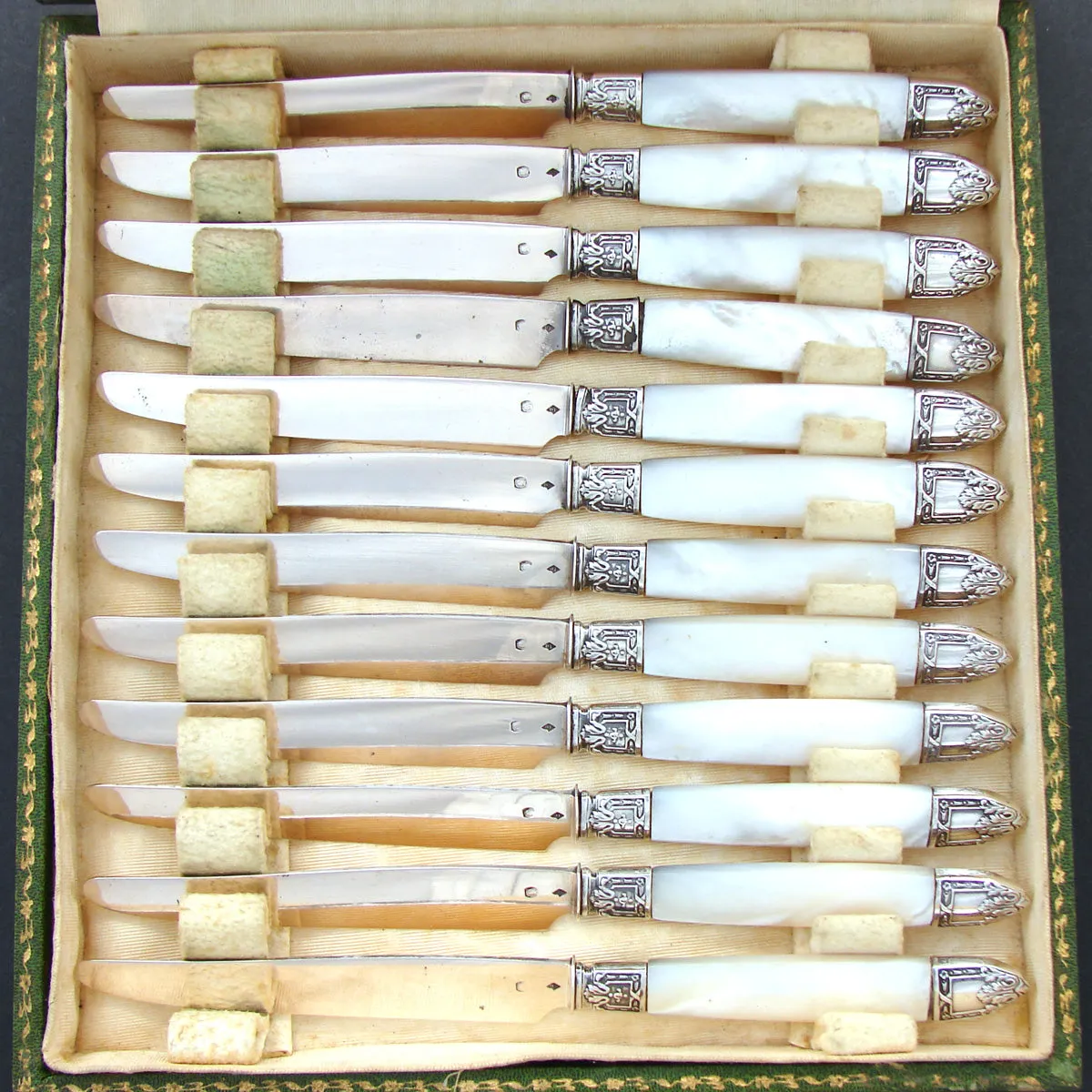 Antique French Hallmarked Silver & Mother of Pearl 12pc Knife Set, Classical Acanthus
