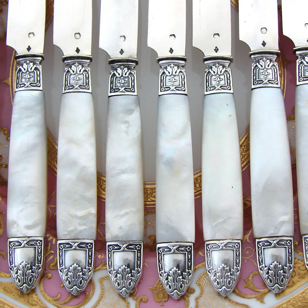 Antique French Hallmarked Silver & Mother of Pearl 12pc Knife Set, Classical Acanthus