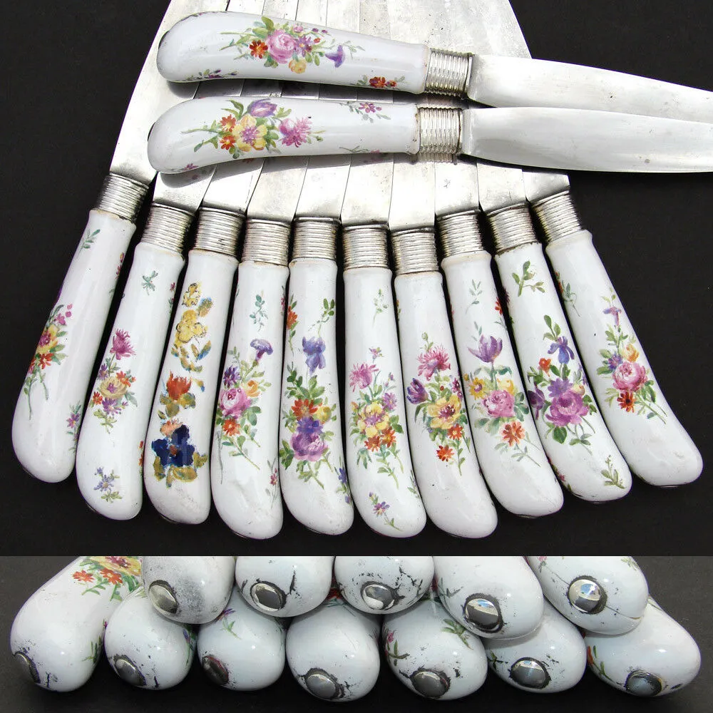 Antique French Palais Royal Marked 12pc 8" Table Knife Set, HP Porcelain Handles