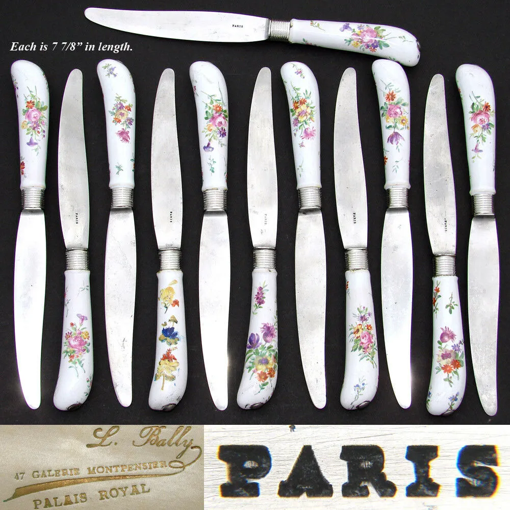 Antique French Palais Royal Marked 12pc 8" Table Knife Set, HP Porcelain Handles