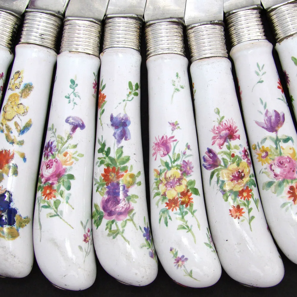 Antique French Palais Royal Marked 12pc 8" Table Knife Set, HP Porcelain Handles