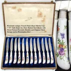 Antique French Palais Royal Marked 12pc 8" Table Knife Set, HP Porcelain Handles