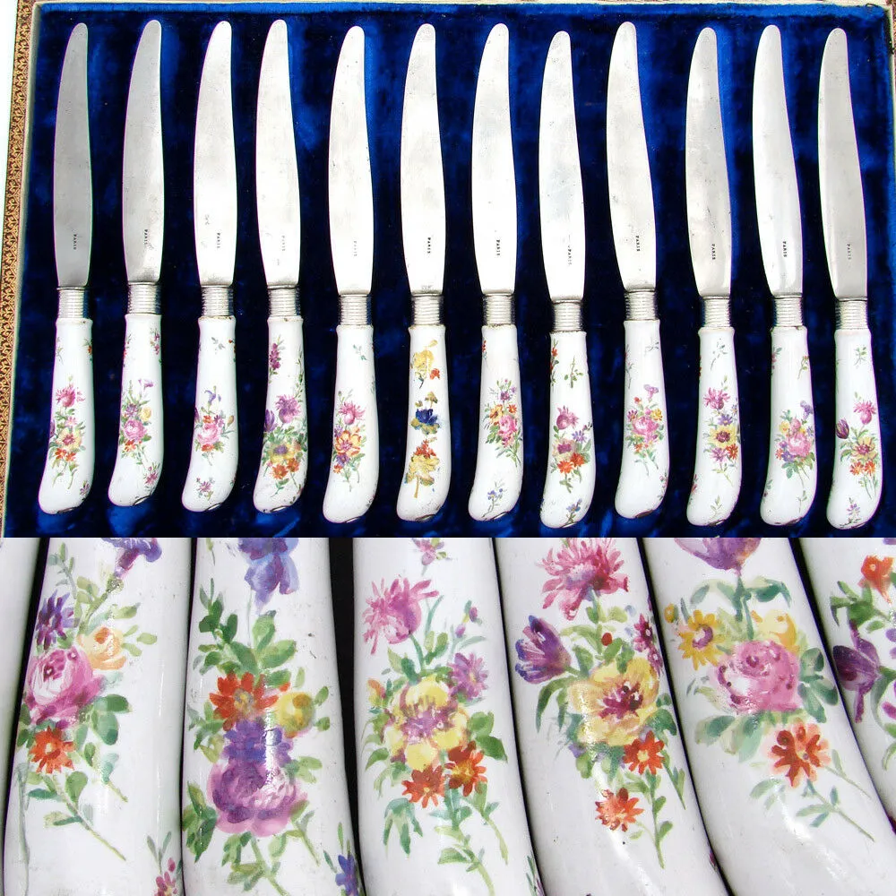 Antique French Palais Royal Marked 12pc 8" Table Knife Set, HP Porcelain Handles