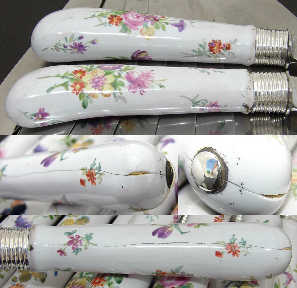 Antique French Palais Royal Marked 12pc 8" Table Knife Set, HP Porcelain Handles