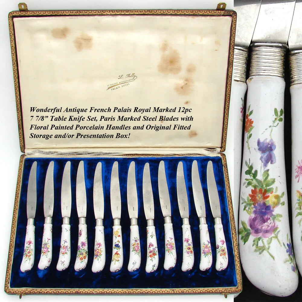 Antique French Palais Royal Marked 12pc 8" Table Knife Set, HP Porcelain Handles