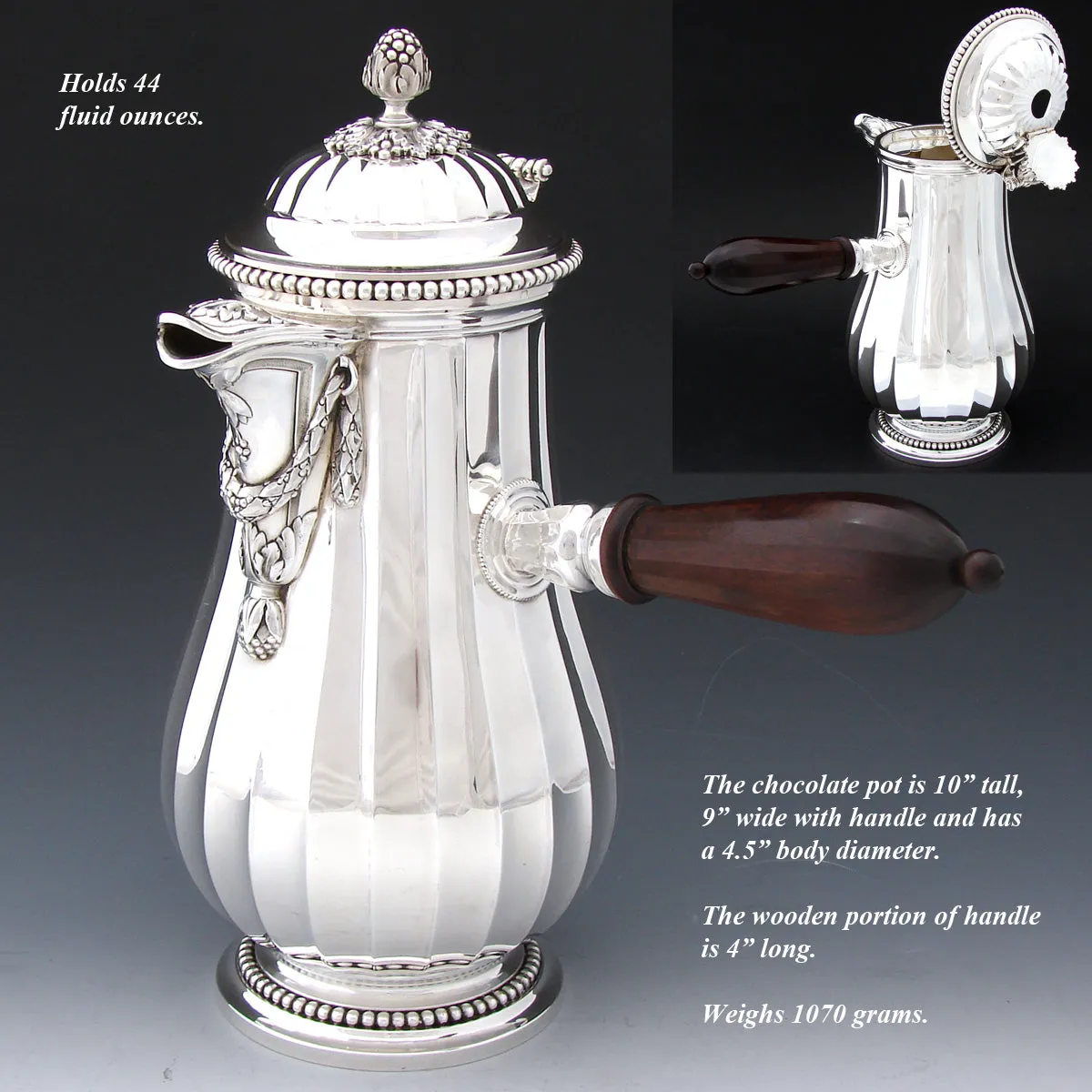 Antique French PUIFORCAT Sterling Silver 5pc Coffee & Tea Service, Set, Laurel Garland, Fluted Bodies